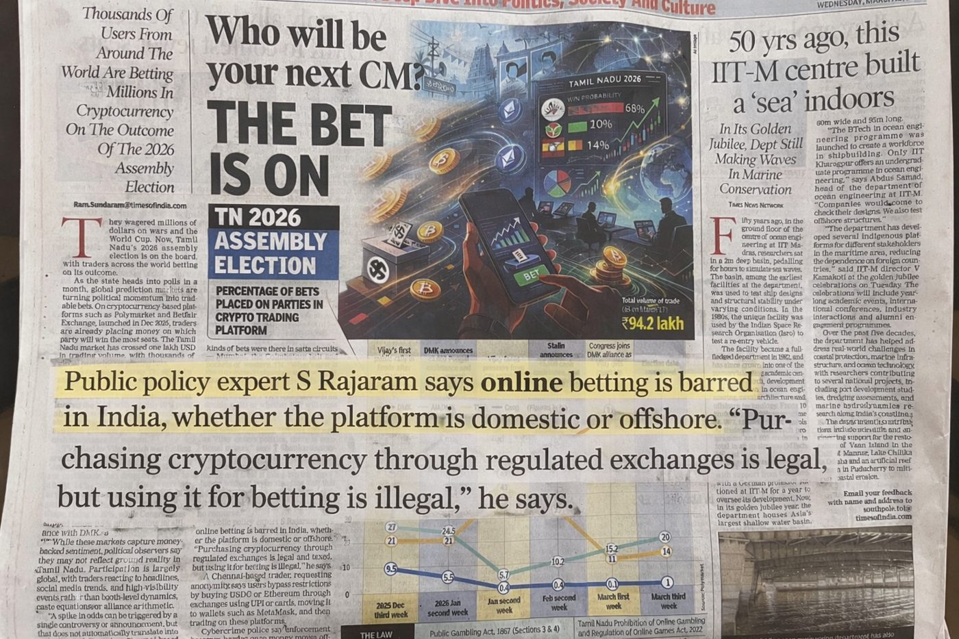 The Times of India Chennai page: Who will be your next CM? The bet is on, on crypto betting on the 2026 Tamil Nadu Assembly election, quoting Rajaram